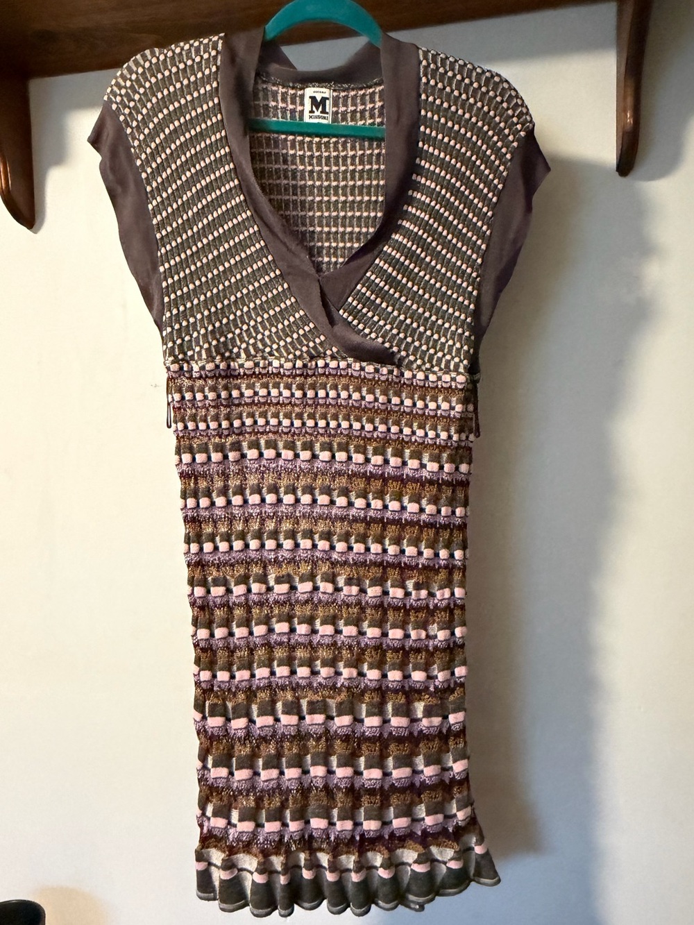 M Missoni Textured Knit Mini Dress Brown Pink V Neck Made Italy